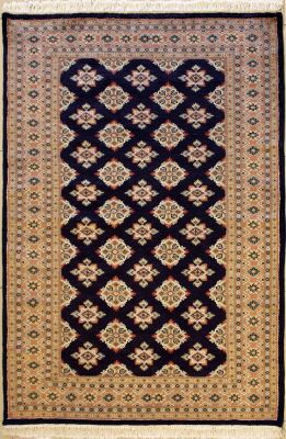 4'1x6'0 Bokhara Jaldar Area Rug with Silk & Wool Pile - Geometric Diamond Design | Hand-Knotted in Blue