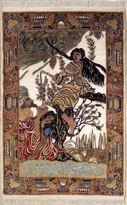 4'1x6'1 Pak Persian Area Rug with Silk & Wool Pile - Pictorial Umar-e-Khayyam Design | Hand-Knotted in Ivory
