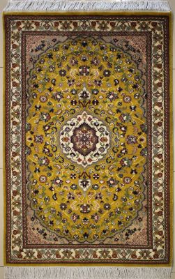 3'1x4'11 Pak Persian High Quality Area Rug with Silk & Wool Pile - Floral Design | Hand-Knotted in Gold