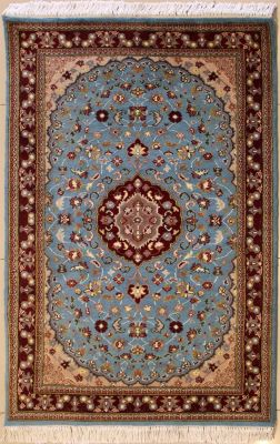 3'0x5'2 Pak Persian High Quality Area Rug with Silk & Wool Pile - Floral Design | Hand-Knotted in Greenish Blue