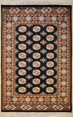4'1x6'1 Bokhara Jaldar Area Rug with Silk & Wool Pile - Special Mori Bokhara Elephant Foot Design | Hand-Knotted in Black