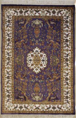 4'0x6'2 Pak Persian Area Rug with Silk & Wool Pile - Pictorial Hunting Shikargah Design | Hand-Knotted in Purple