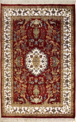 4'0x6'2 Pak Persian Area Rug with Silk & Wool Pile - Pictorial Hunting Shikargah Design | Hand-Knotted in Red