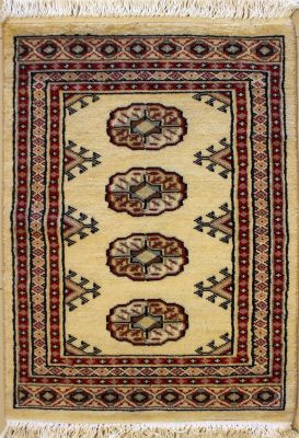 2'0x3'0 Bokhara Jaldar Area Rug with Wool Pile - Special Mori Bokhara Elephant Foot Design | Hand-Knotted in White