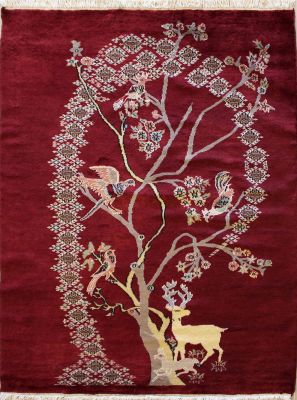 4'2x6'0 Pak Persian Area Rug with Silk & Wool Pile - Pictorial Hunting Shikargah Design | Hand-Knotted in Red