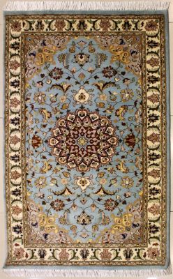 3'0x5'4 Pak Persian High Quality Area Rug with Silk & Wool Pile - Floral Design | Hand-Knotted in Greenish Blue