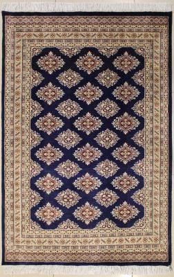 4'2x6'3 Bokhara Jaldar Area Rug with Silk & Wool Pile - Geometric Diamond Design | Hand-Knotted in Blue