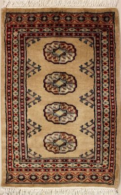 2'0x3'1 Bokhara Jaldar Area Rug with Wool Pile - Special Mori Bokhara Elephant Foot Design | Hand-Knotted in Beige