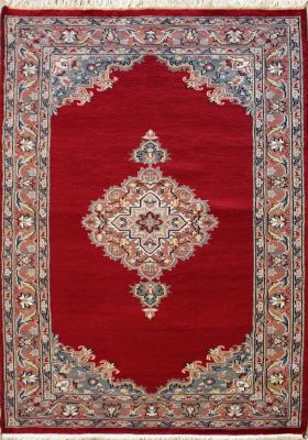 4'2x6'0 Pak Persian Area Rug with Silk & Wool Pile - Floral Diamond Design | Hand-Knotted in Red