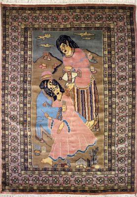 4'1x6'3 Pak Persian Area Rug with Wool Pile - Pictorial Umar-e-Khayyam Design | Hand-Knotted in Pink