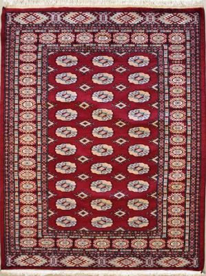 4'2x5'11 Bokhara Jaldar Area Rug with Silk & Wool Pile - Special Mori Bokhara Elephant Foot Design | Hand-Knotted in Red