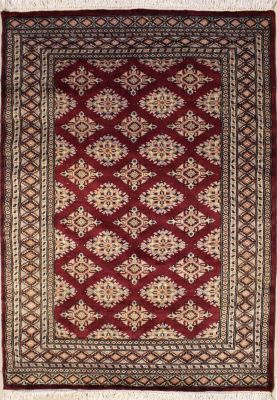 4'1x5'11 Bokhara Jaldar Area Rug with Silk & Wool Pile - Geometric Diamond Design | Hand-Knotted in Red