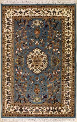 4'0x5'11 Pak Persian Area Rug with Silk & Wool Pile - Pictorial Hunting Shikargah Design | Hand-Knotted in Greenish Blue
