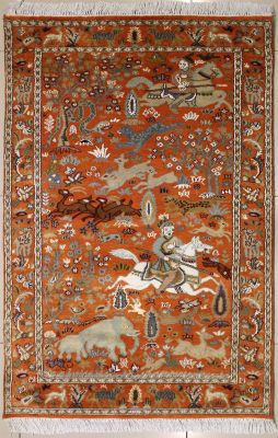 3'1x5'6 Pak Persian High Quality Area Rug with Silk & Wool Pile - Pictorial Hunting Shikargah Design | Hand-Knotted in Orange