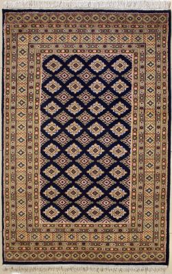 4'0x6'1 Bokhara Jaldar Area Rug with Silk & Wool Pile - Geometric Diamond Design | Hand-Knotted in Blue