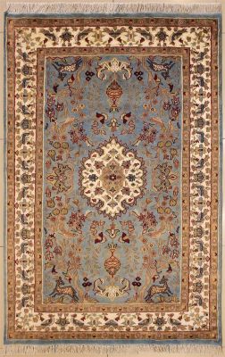 4'1x6'3 Pak Persian Area Rug with Silk & Wool Pile - Pictorial Hunting Shikargah Design | Hand-Knotted in Greenish Blue