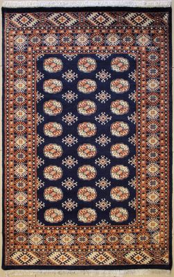 4'2x6'2 Bokhara Jaldar Area Rug with Wool Pile - Special Mori Bokhara Elephant Foot Design | Hand-Knotted in Blue