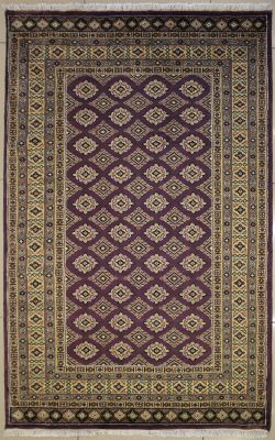 4'1x6'0 Bokhara Jaldar Area Rug with Silk & Wool Pile - Geometric Diamond Design | Hand-Knotted in Purple