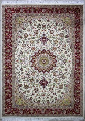 5'10"x9'2" Enigmatic Floral Pak Persian Rug in Enlightening White, Beige & Red, New 6x9 Wool Double Knot Masterpiece, Hand-Knotted Kashan / Isfahan Rug, qk09144