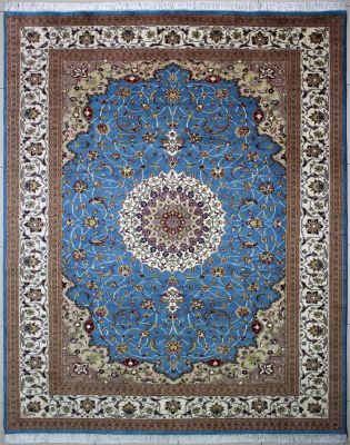 8'1"x10'8" Elated Medallion Pak Persian Rug in Stunning Turquoise, Beige & White, New 8x10 Wool Double Knot Classic, Hand-Knotted Kashan / Isfahan Rug, qk09146