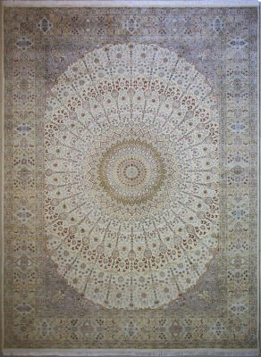 11'9"x18'4" Mesmerizing Floral Pak Persian Rug in Enchanting White, Beige & Grey, New 12x18 Wool, Silk Double Knot Innovation, Hand-Knotted Taj Mahal Rug, qk09089