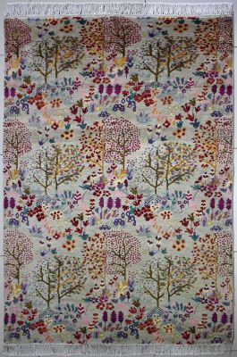 4'x6'5" Stylish Floral Chobi Ziegler Rug in Scintillating Beige, Green & Red, New 4x6 Wool Double Knot Workmanship, Hand-Knotted Contemporary Rug, qk08072