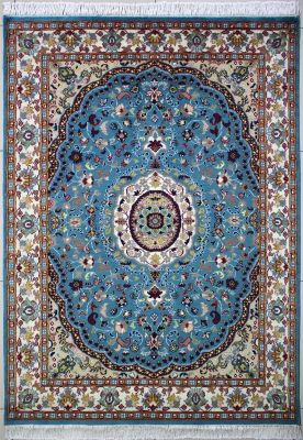 4'2"x6'4" Delightful Medallion Pak Persian Rug in Magnetic Turquoise, Beige & White, New 4x6 Wool Double Knot Workmanship, Hand-Knotted Kashan / Isfahan Rug, qk08142