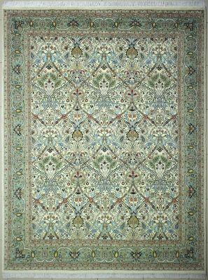 8'10"x11'11" Exuberant Floral Pak Persian Rug in Resplendent White, Beige & Green, New 9x12 Wool, Silk Double Knot Beauty, Hand-Knotted Bakhtiari Rug, qk09169
