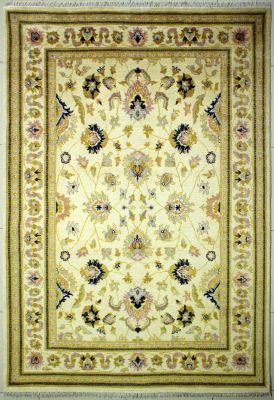 6'1"x8'5" Uplifting Floral Chobi Ziegler Rug in Enthralling Organic Dyed White, Beige & Gold, New 6x9 Wool Double Knot Excellence, Hand-Knotted Rug, qk09156
