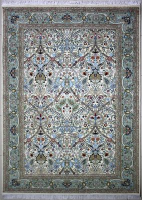 6'1"x9'4" Irresistible Floral Pak Persian Rug in Sizzling White, Beige & Green, New 6x9 Wool, Silk Double Knot Pinnacle, Hand-Knotted Bakhtiari Rug, qk09167