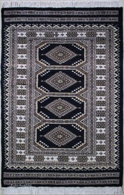 2'11"x5' Serene Diamond Bokhara Jaldar Rug in Sensational Black, Beige & Brown, New 3x5 Wool, Silk Classic, Hand-Knotted Rug, qk09171