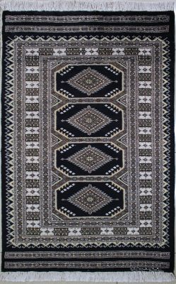 2'11"x5' Reinvigorating Diamond Bokhara Jaldar Rug in Hypnotic Black, Beige & Brown, New 3x5 Wool, Silk Opus, Hand-Knotted Rug, qk09172
