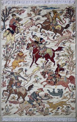 3'x5'4" Rejuvenating Pictorial Pak Persian Rug in Harmonious Ivory, Beige & Reddish Brown, New 3x5 Wool, Silk Creation, Hand-Knotted Hunting Scene Rug, qk09153