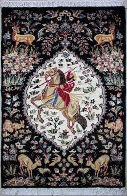 3'x5' Graceful Pictorial Pak Persian Rug in Inspirational Black, Beige & White, New 3x5 Wool, Silk Rarity, Hand-Knotted Hunting Scene Rug, qk09152