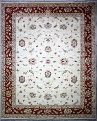 9'1"x11'5" Euphoric Floral Chobi Ziegler Rug in Gleaming Organic Dyed White, Beige & Red, New 9x12 Wool Double Knot Accomplishment, Hand-Knotted Rug, qk09149
