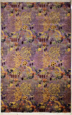 5'2"x8'4" Captivating Floral Chobi Ziegler Rug in Dreamy Organic Dyed Purple, Beige & Gold, New 5x8 Wool Double Knot Perfection, Hand-Knotted Contemporary Rug, qk08838 
