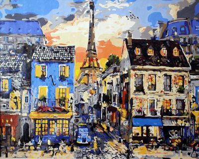 The Illustrious Marvel: "The town of Eiffel" in Inviting Blue, Beige & Grey, Brushwork in 16x20(in) Acrylic on Canvas painting, Scenic Art, pal1