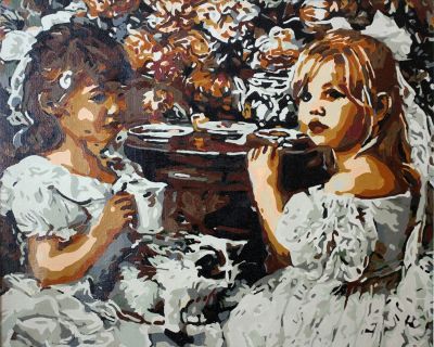 The Breathtaking Pinnacle: "Tea Time with Flowers" in Sizzling White, Black & Brown, Brushwork in 16x20(in) Acrylic on Canvas painting, Figurative & Impressionism / Everyday Life Art, pal62