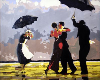 The Alluring Creation: "Rainy Night Serenade" in Scintillating Beige, Black & Grey, Brushwork in 16x20(in) Acrylic on Canvas painting, Impressionism / Everyday Life Art, pal55