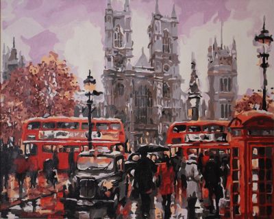 The Gorgeous Perfection: "Rainy Day in London" in Enthralling Beige, Brown & Red, Brushwork in 16x20(in) Acrylic on Canvas painting, Scenic Art, pal80