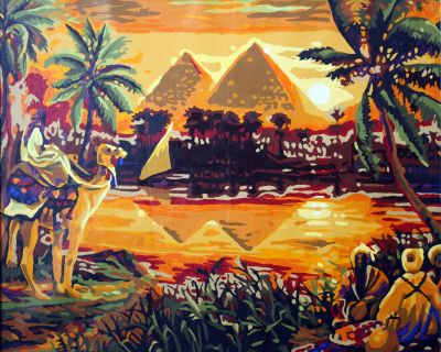 The Divine Innovation: "Sunset in Egypt" in Magical Gold, Beige & Brown, Brushwork in 16x20(in) Acrylic on Canvas painting, Scenic & Impressionism / Everyday Life Art, pal81