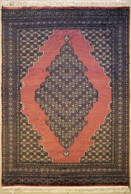 4'5"x6'2" Magnificent Medallion Bokhara Jaldar Rug in Resplendent Reddish Brown, Beige & Black, New 4.5x7 Wool Innovation, Hand-Knotted Traditional Rug, qk08910 