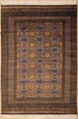 3'11"x6'8" Majestic Geometric Bokhara Jaldar Rug in Tranquil Beige, Black & Purple, New 4x6 Wool Elegance, Hand-Knotted Rug, qk08942 