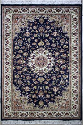 4'1"x6'3" Enigmatic Floral Pak Persian Rug in Radiant Blue, Beige & White, New 4x6 Wool, Silk Double Knot Magnificence, Hand-Knotted Kashan / Isfahan Rug, qk08840 