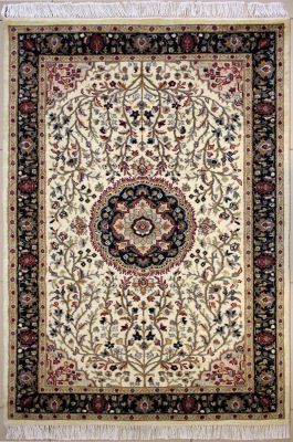 3'11"x6'2" Entrancing Floral Pak Persian Rug in Luminous White, Beige & Blue, New 4x6 Wool, Silk Double Knot Artwork, Hand-Knotted Kashan / Isfahan Rug, qk08857 