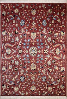 6'2"x8'10" Beaming Floral Pak Persian Rug in Sensational Red, Beige & White, New 6x9 Wool, Silk Innovation, Hand-Knotted Garden of Eden Rug, qk08881 