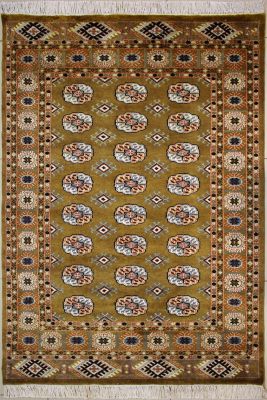 4'2"x6'1" Exquisite Elephant Foot Bokhara Jaldar Rug in Uplifting Beige, Reddish Brown & White, New 4x6 Wool, Silk Wonder, Hand-Knotted Mori Rug, qk08878 