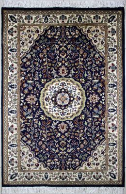 4'x6' Resplendent Floral Pak Persian Rug in Hypnotic Blue, Beige & White, New 4x6 Wool Double Knot Innovation, Hand-Knotted Kashan / Isfahan Rug, qk08783 