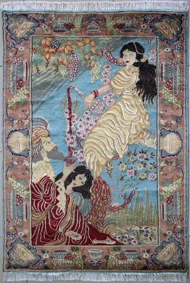4'1x6'1 Pak Persian Area Rug with Silk & Wool Pile - Pictorial Umar-e-Khayyam Design | Hand-Knotted in Greenish Blue