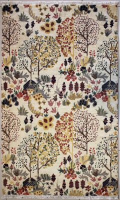 3'1"x5'2" Luminous Floral Chobi Ziegler Rug in Bewitching Organic Dyed White, Brown & Gold, New 3x5 Wool Double Knot Conception, Hand-Knotted Contemporary Rug, qk08967